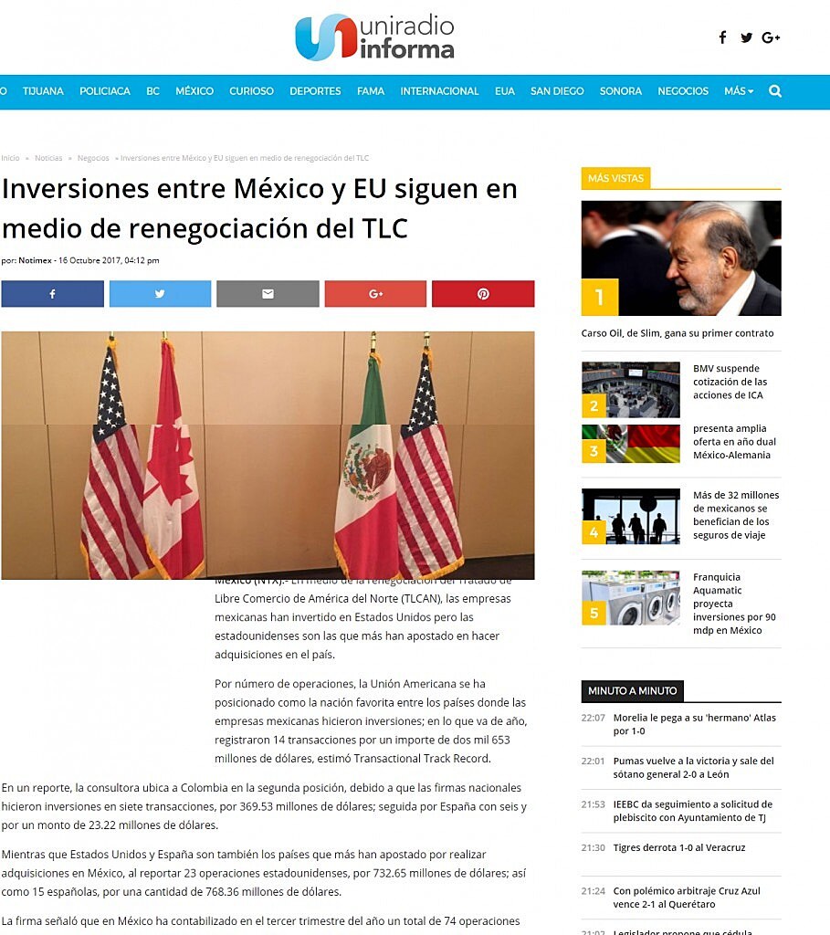 Inversiones entre Mxico y EU siguen en medio de renegociacin del TLC